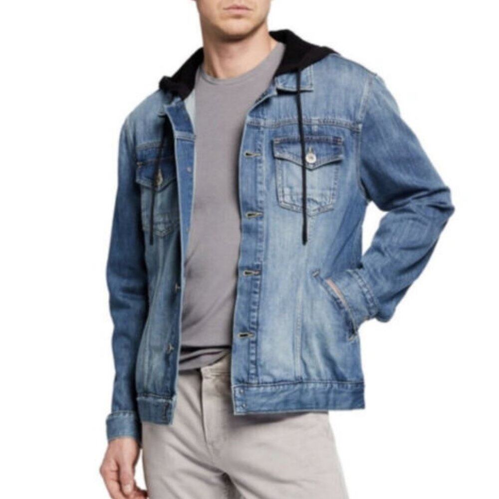 Paige Scout Mid-Wash Denim Jean Jacket with Black Drawstring Hoodie Size XL